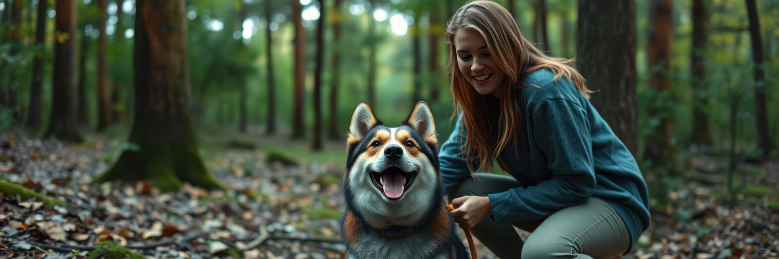 A woman with long blonde hair is crouched down in a forest, petting a happy husky dog